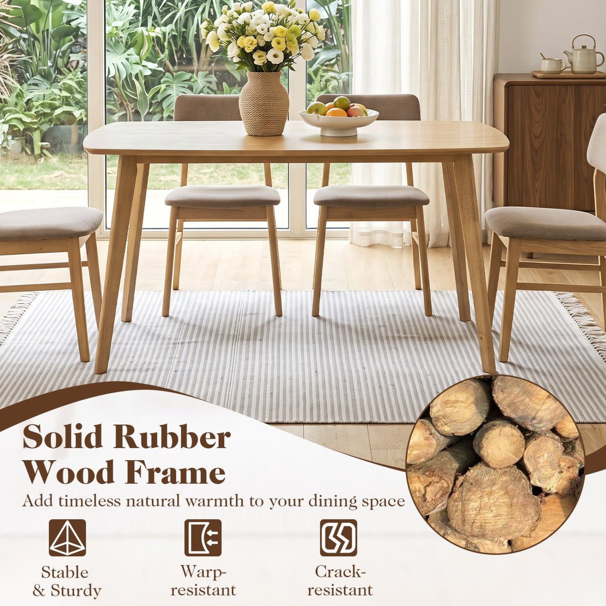 55 inches Solid Wood Dining Table for 4-6 People with Rounded Edges-Natural