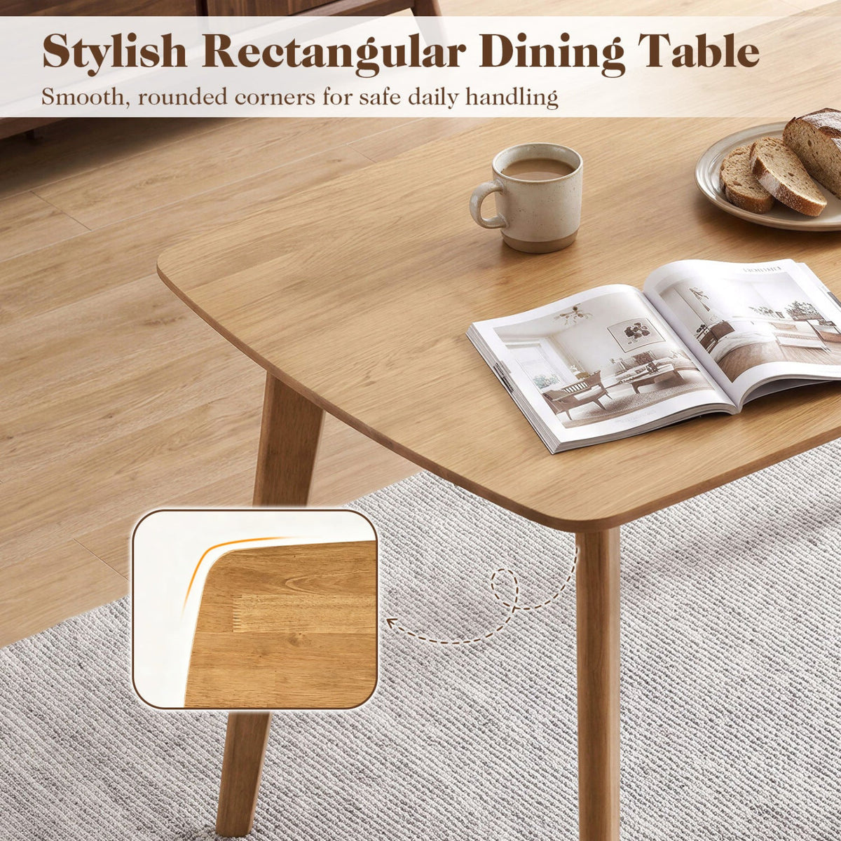 55 inches Solid Wood Dining Table for 4-6 People with Rounded Edges-Natural