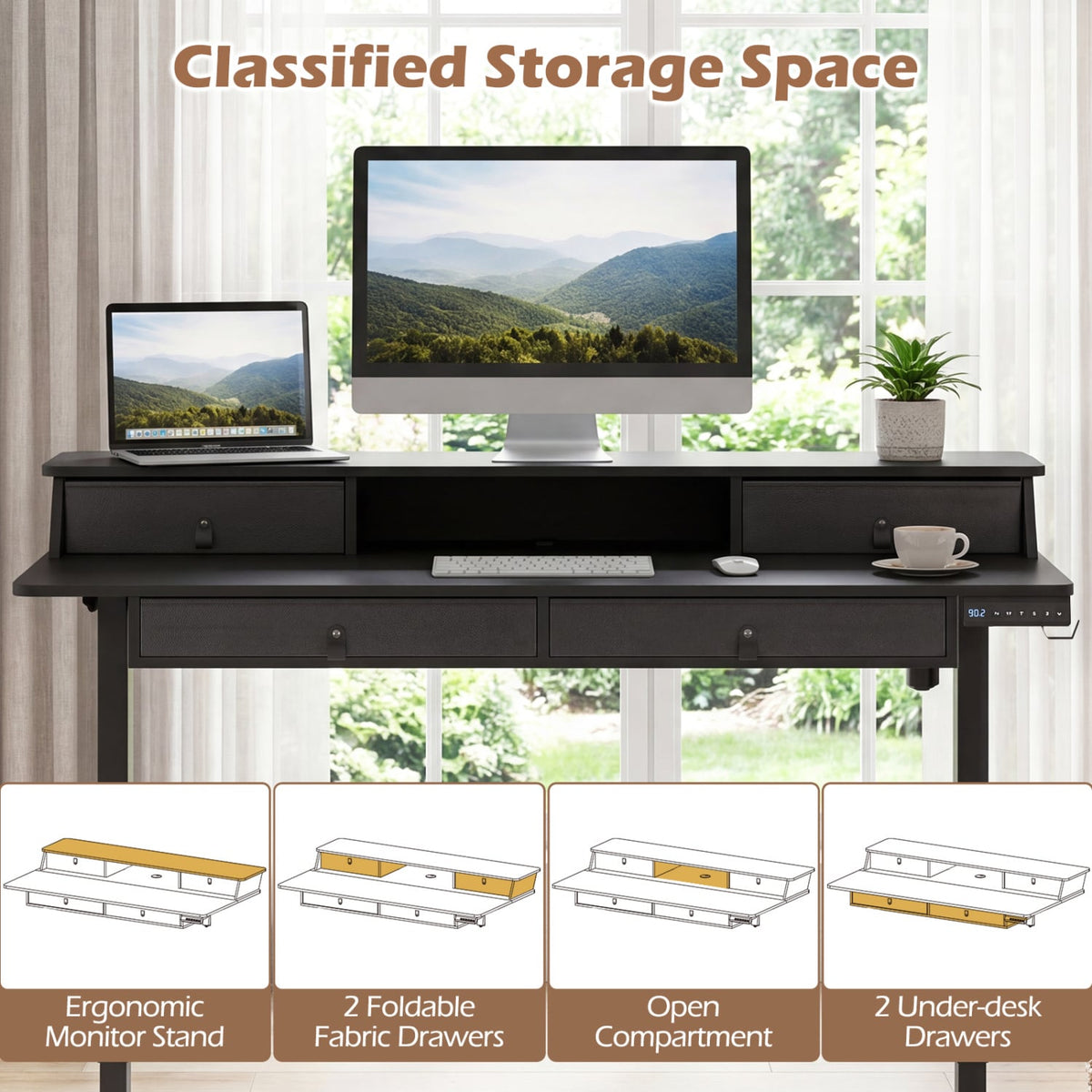 55 Inch x 27 Inch Electric Standing Desk with Drawers-Black