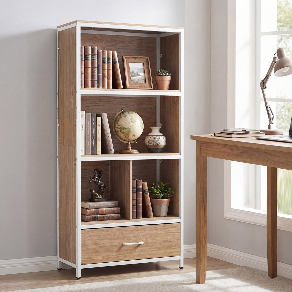 56 inches Tall Freestanding Bookcase with Drawer 5 Tier-Natural