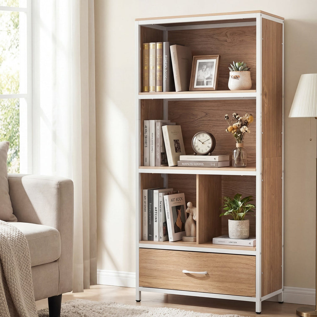 56 inches Tall Freestanding Bookcase with Drawer 5 Tier-Natural