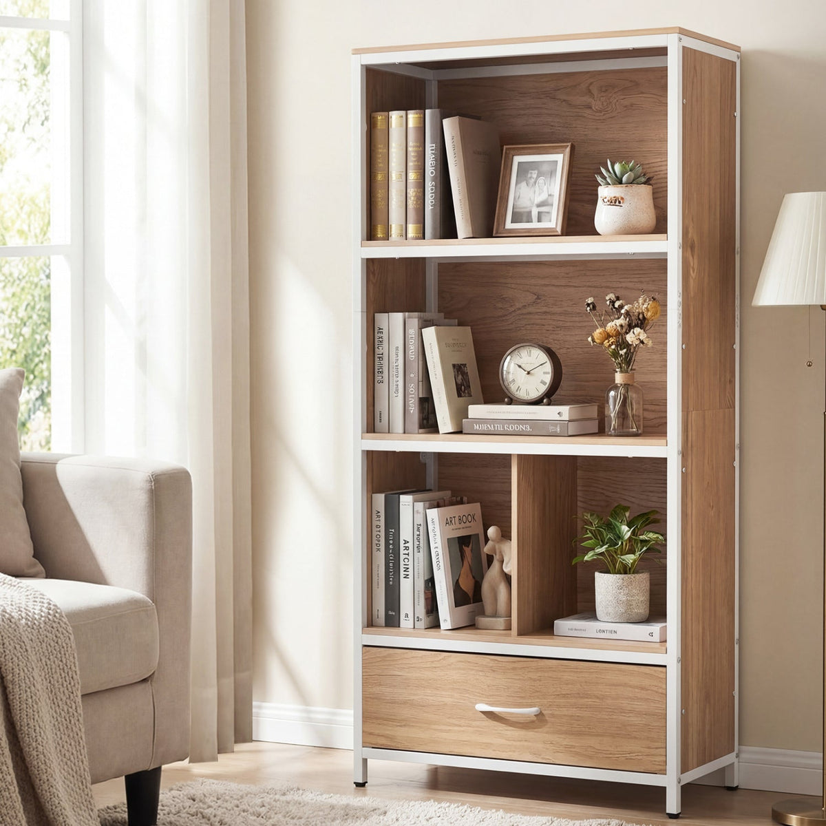 56 inches Tall Freestanding Bookcase with Drawer 5 Tier-Natural