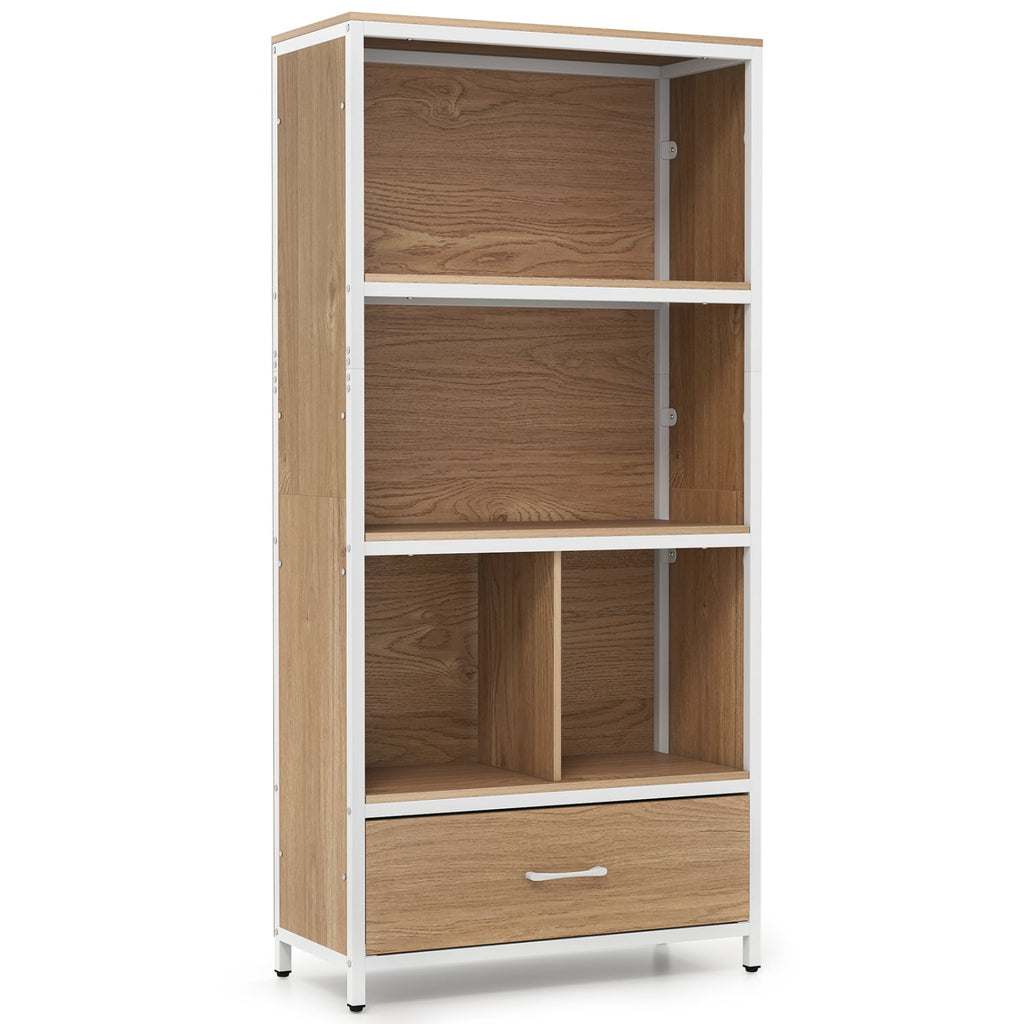 56 inches Tall Freestanding Bookcase with Drawer 5 Tier-Natural