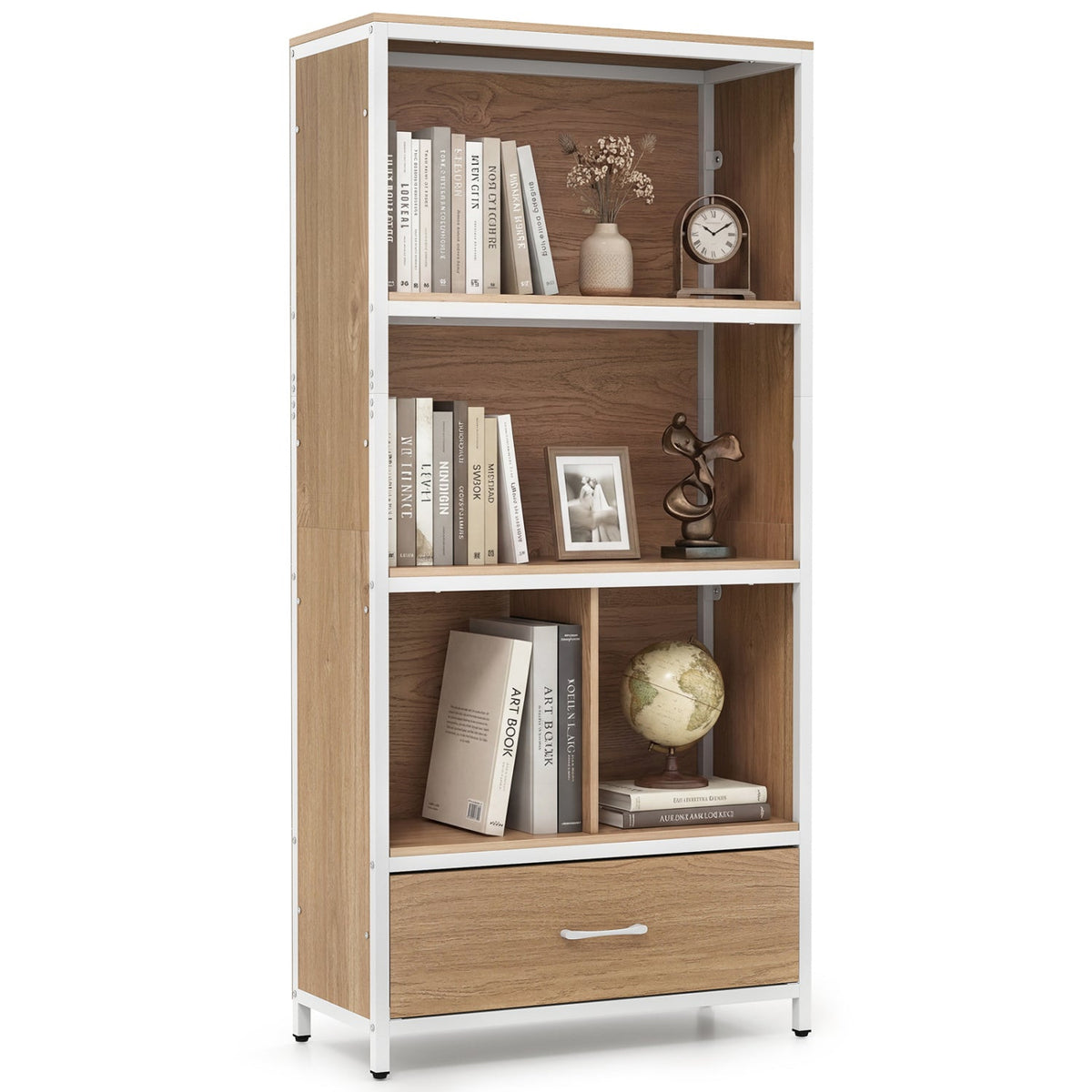 56 inches Tall Freestanding Bookcase with Drawer 5 Tier-Natural