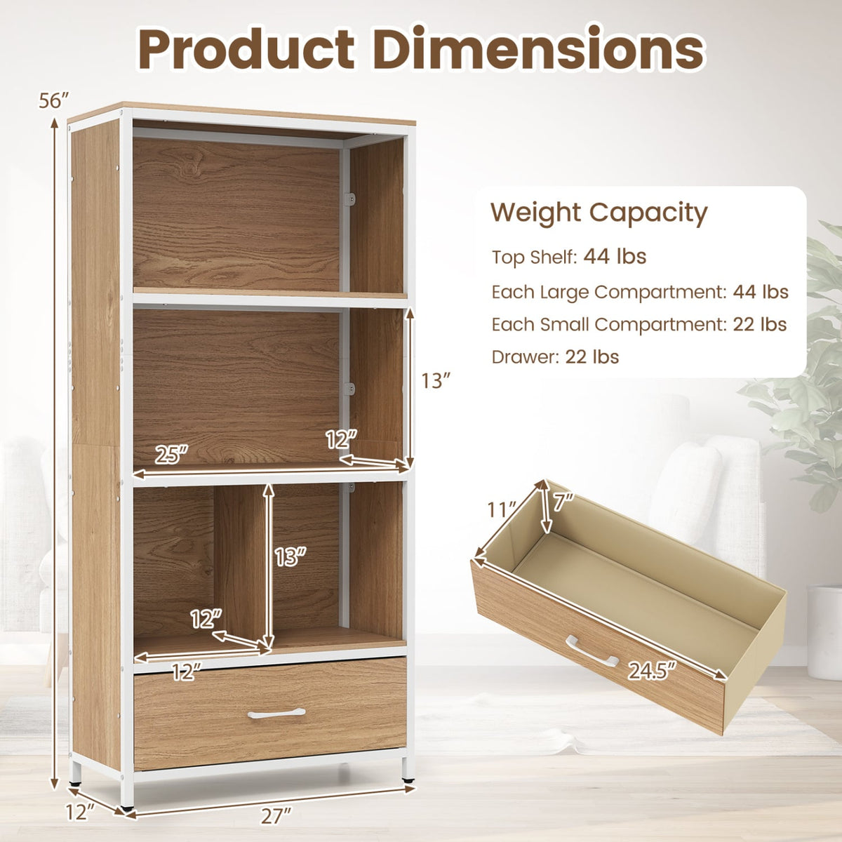 56 inches Tall Freestanding Bookcase with Drawer 5 Tier-Natural