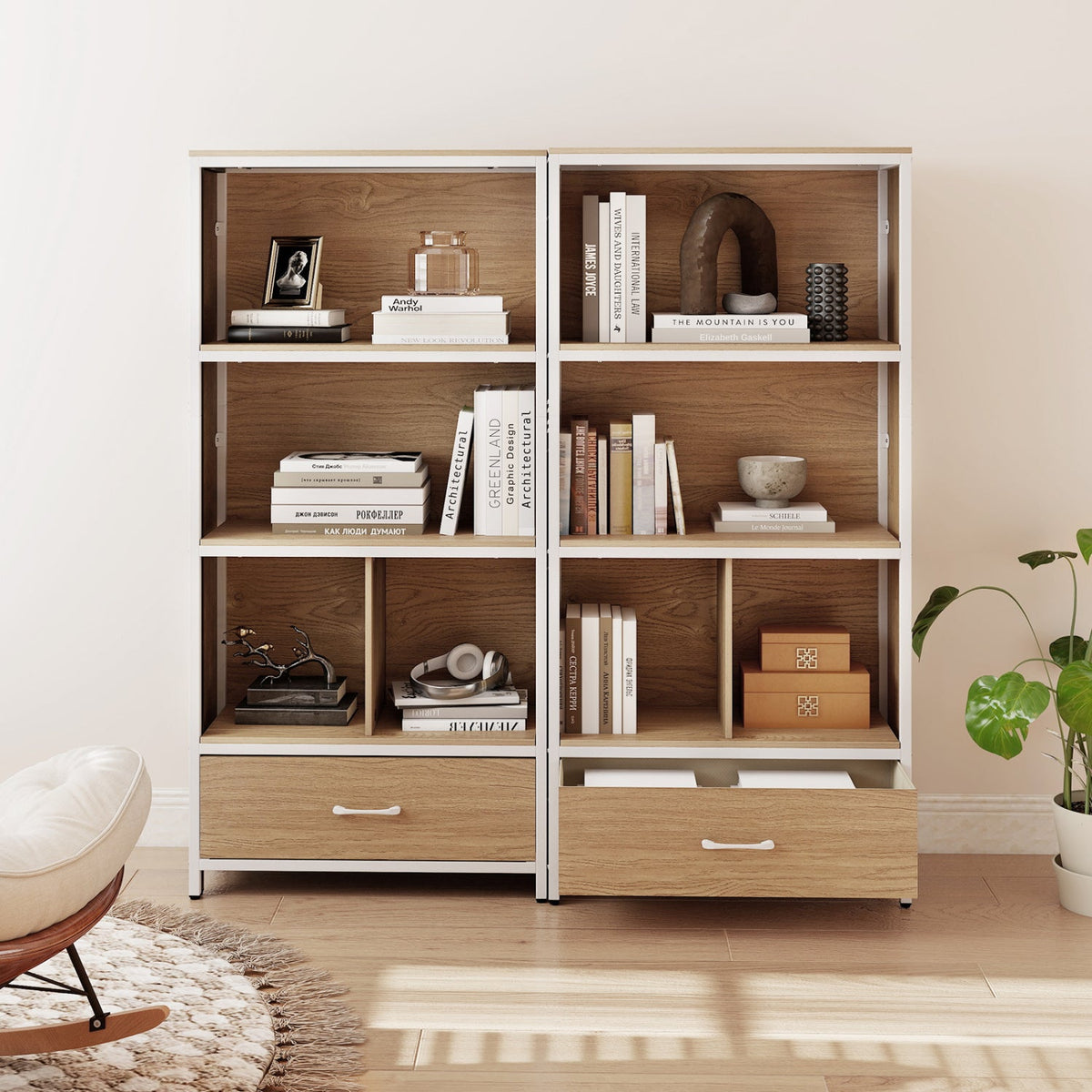 56 inches Tall Freestanding Bookcase with Drawer 5 Tier-Natural