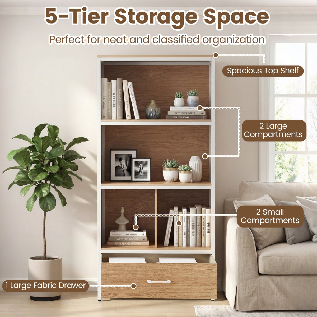 56 inches Tall Freestanding Bookcase with Drawer 5 Tier-Natural