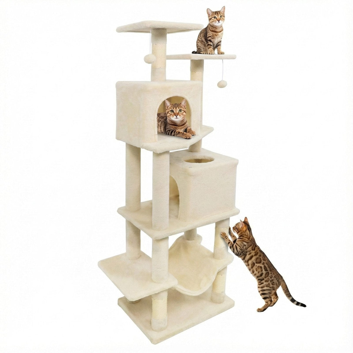 57 Inch Cat Tree with Dual Condos, Skylight, Hammock and Two Perches, Beige