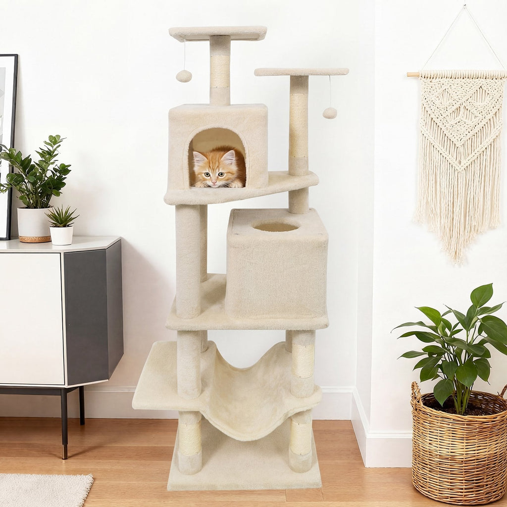 57 Inch Cat Tree with Dual Condos, Skylight, Hammock and Two Perches, Beige