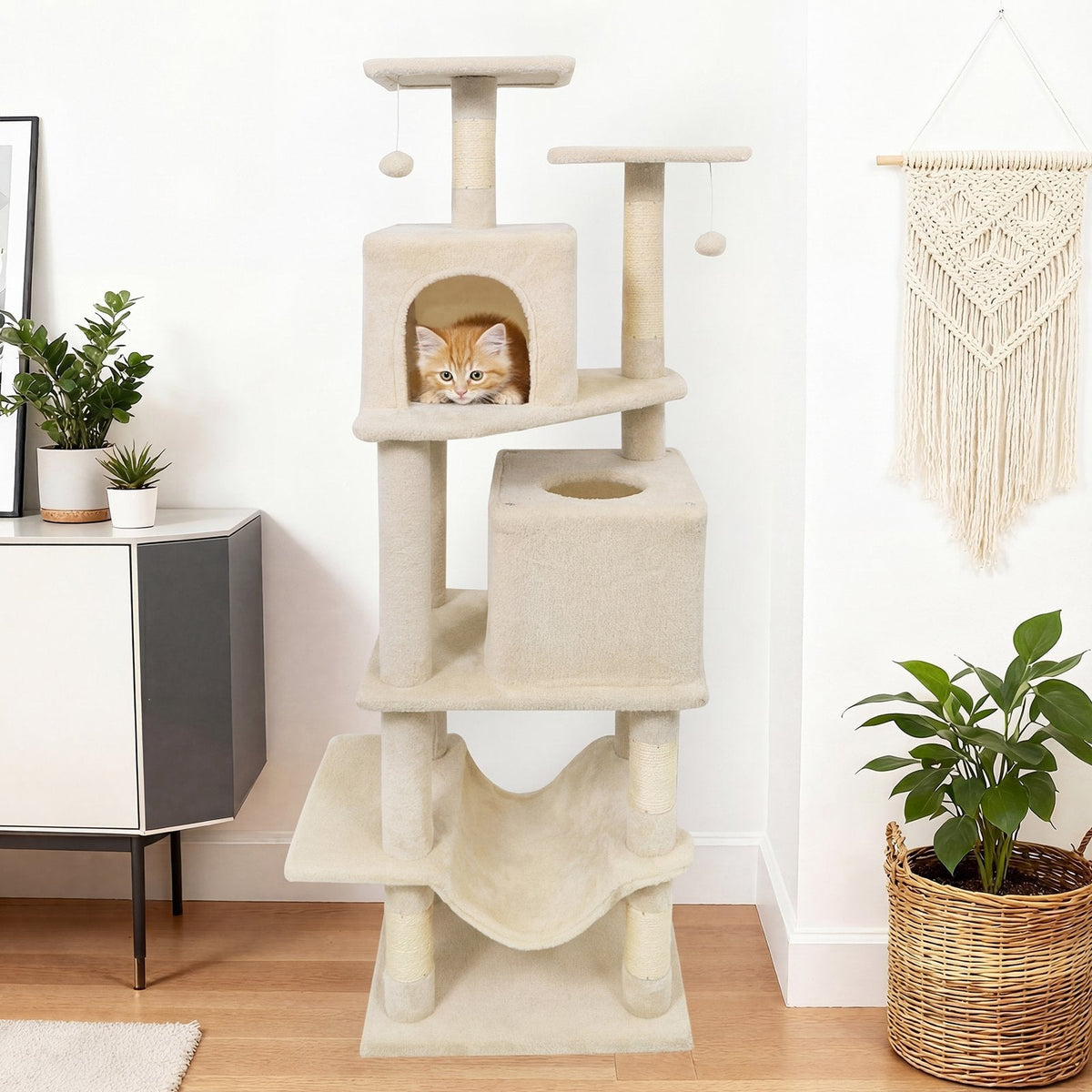 57 Inch Cat Tree with Dual Condos, Skylight, Hammock and Two Perches, Beige