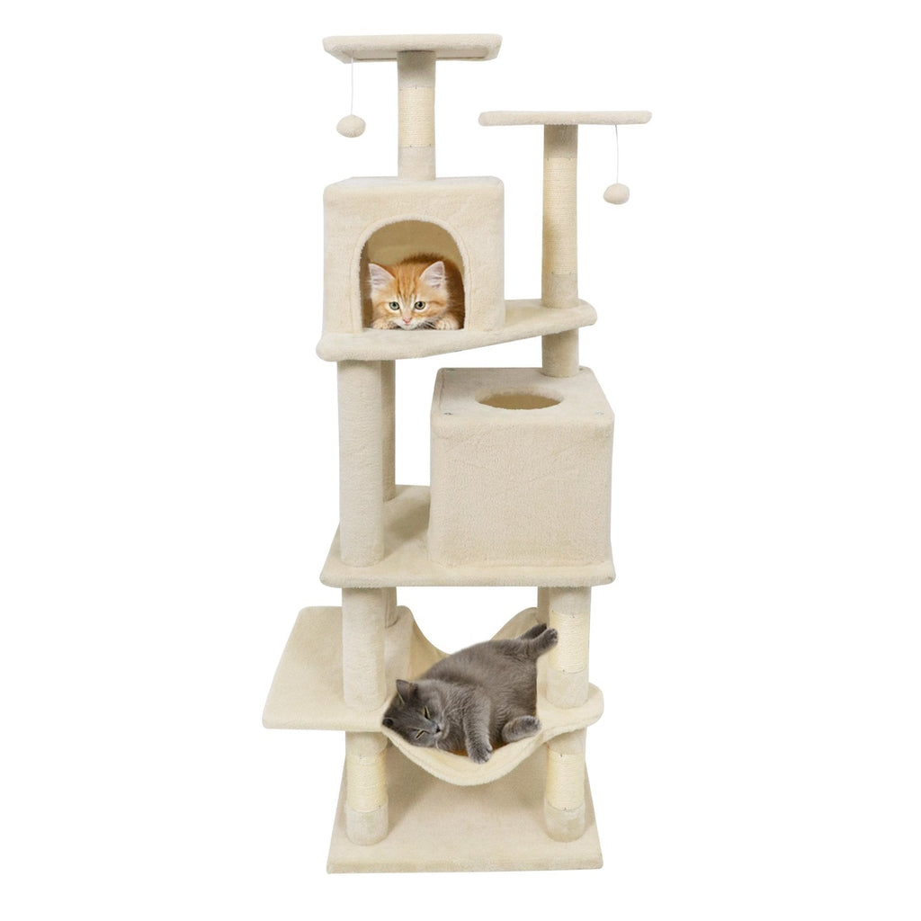 57 Inch Cat Tree with Dual Condos, Skylight, Hammock and Two Perches, Beige
