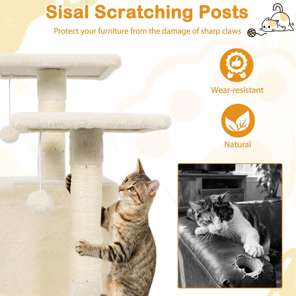 57 Inch Cat Tree with Dual Condos, Skylight, Hammock and Two Perches, Beige
