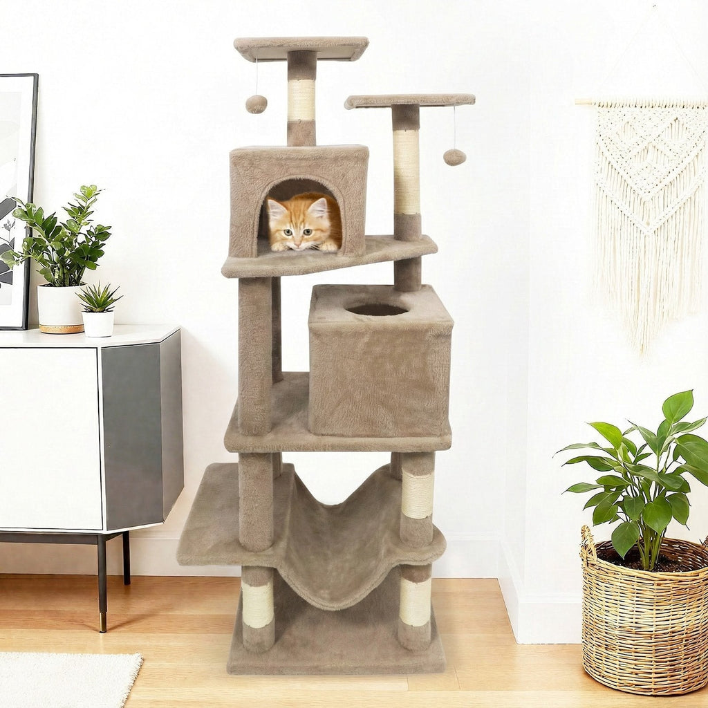 57 Inch Coffee Cat Tree with Two Condos, Slung Hammock and Wear Resistant Sisal Posts