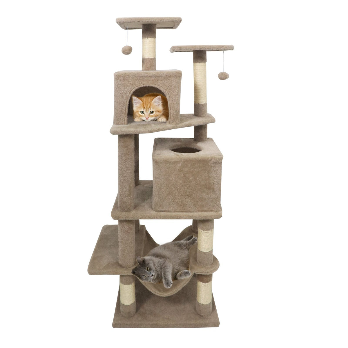 57 Inch Coffee Cat Tree with Two Condos, Slung Hammock and Wear Resistant Sisal Posts