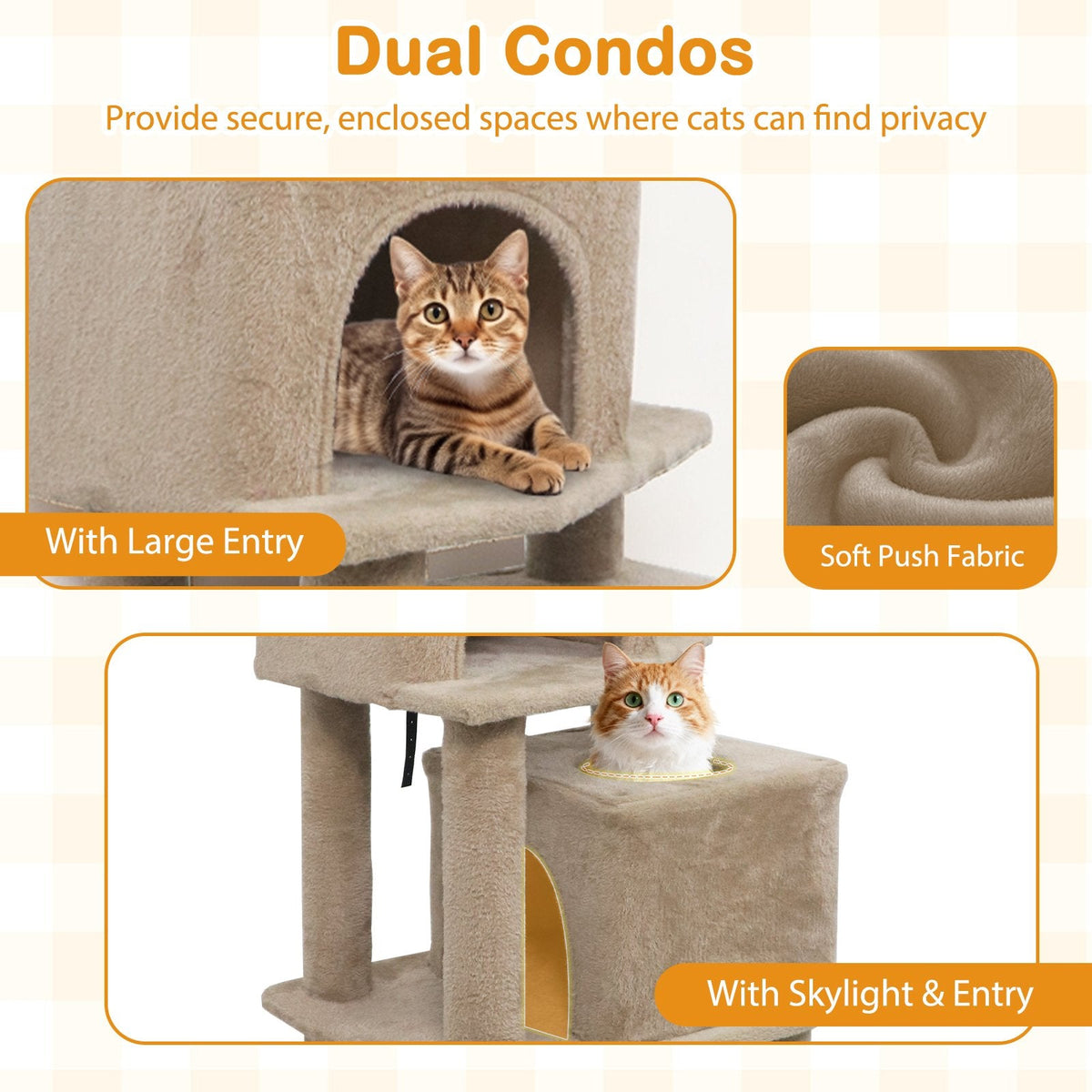 57 Inch Coffee Cat Tree with Two Condos, Slung Hammock and Wear Resistant Sisal Posts