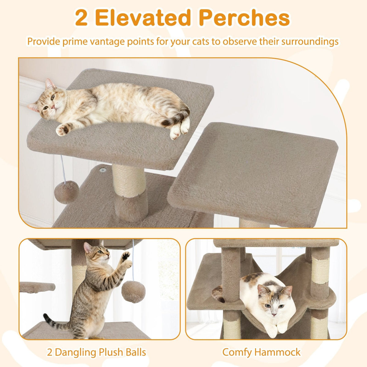 57 Inch Coffee Cat Tree with Two Condos, Slung Hammock and Wear Resistant Sisal Posts