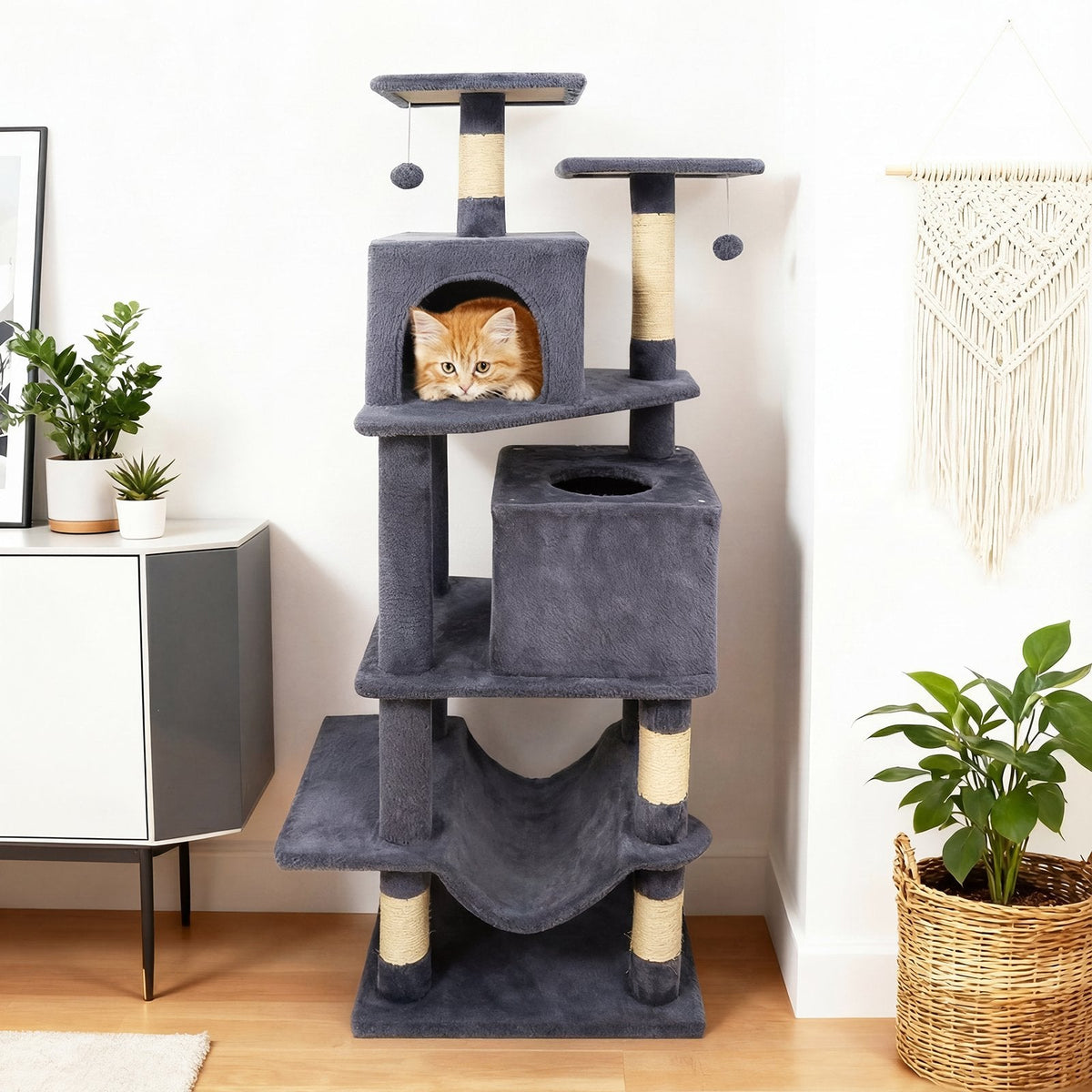 57 Inch Dark Gray Cat Tree with Dual Condos, Hammock and 52 Inch Perches