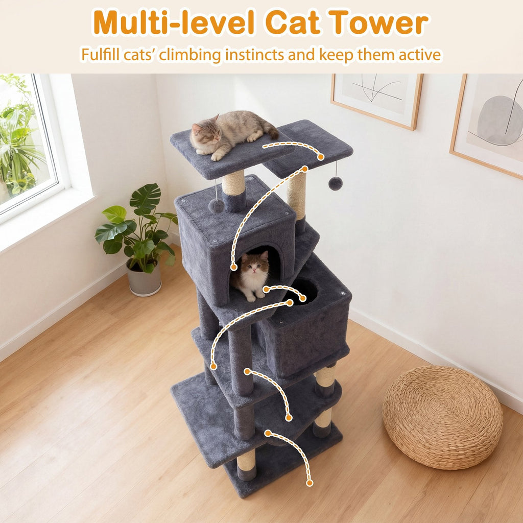 57 Inch Dark Gray Cat Tree with Dual Condos, Hammock and 52 Inch Perches
