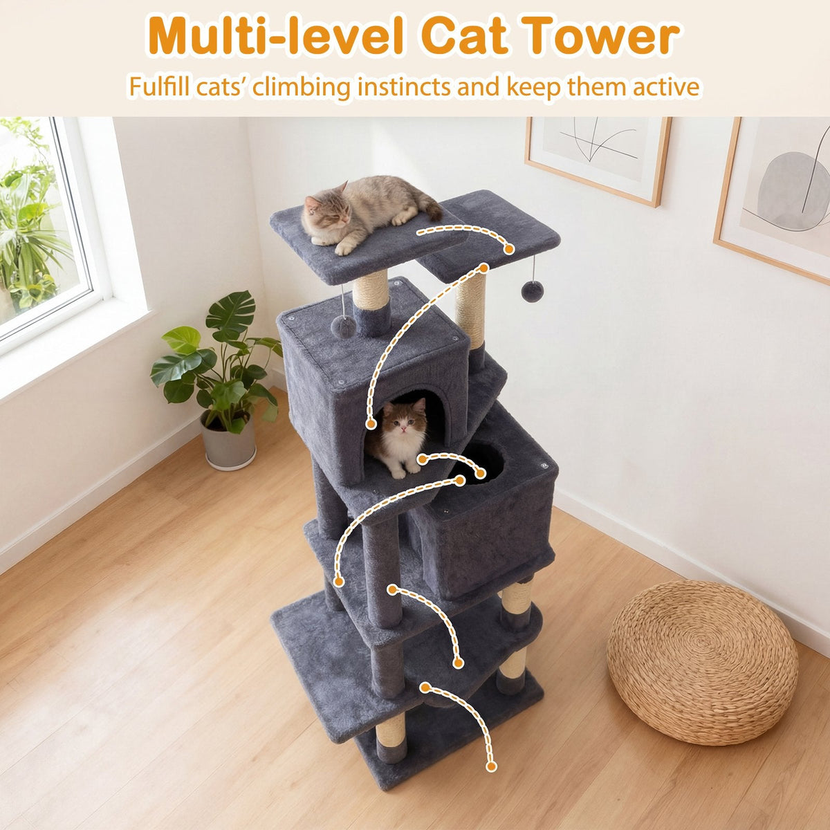 57 Inch Dark Gray Cat Tree with Dual Condos, Hammock and 52 Inch Perches