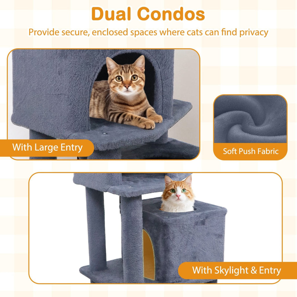 57 Inch Dark Gray Cat Tree with Dual Condos, Hammock and 52 Inch Perches