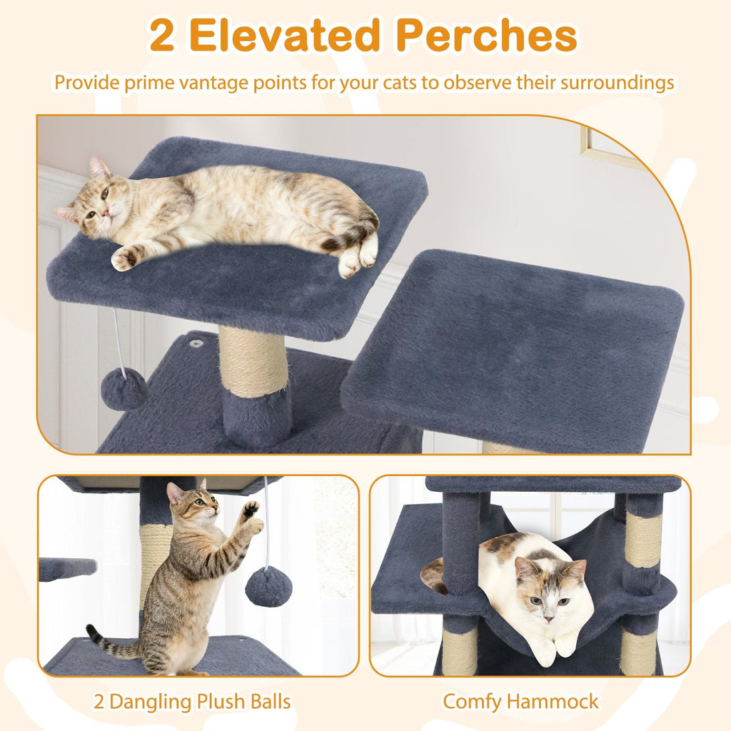 57 Inch Dark Gray Cat Tree with Dual Condos, Hammock and 52 Inch Perches