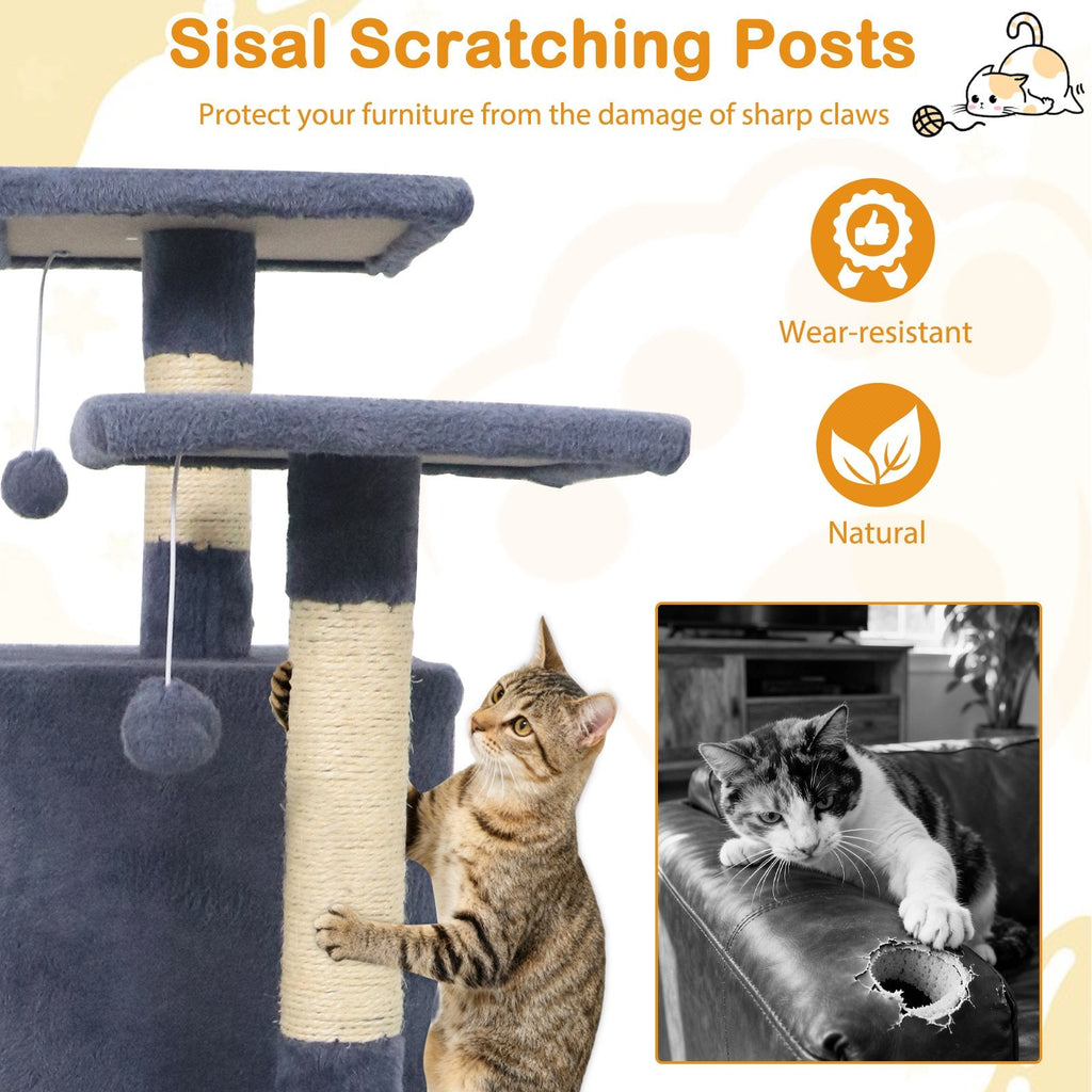 57 Inch Dark Gray Cat Tree with Dual Condos, Hammock and 52 Inch Perches