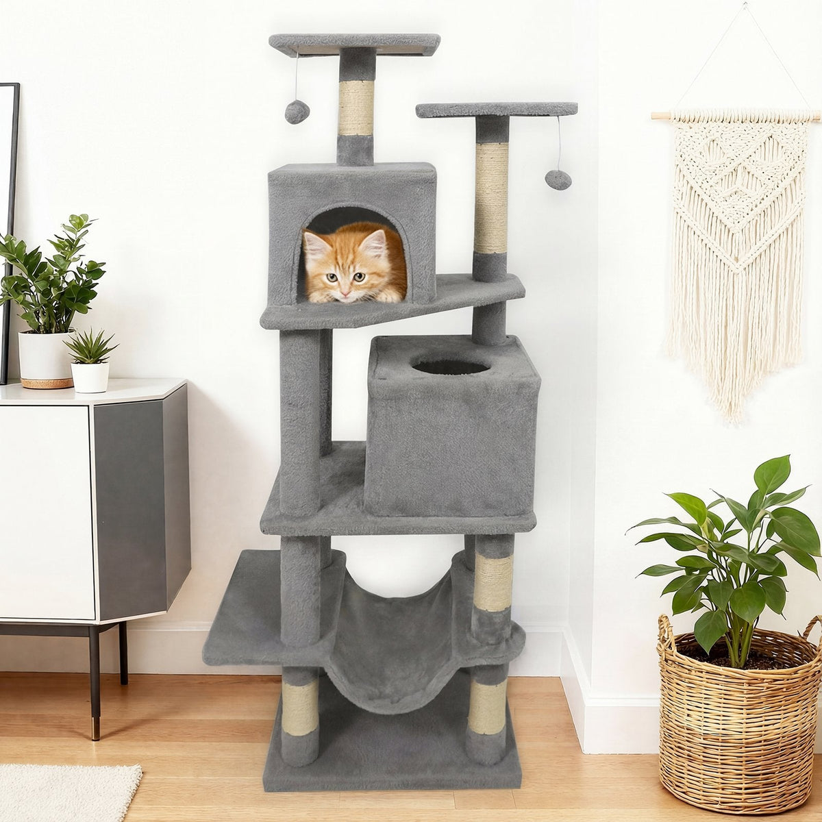 57 Inch Light Gray Cat Tree with Two Condos, Hammock and Wear Resistant Sisal Posts