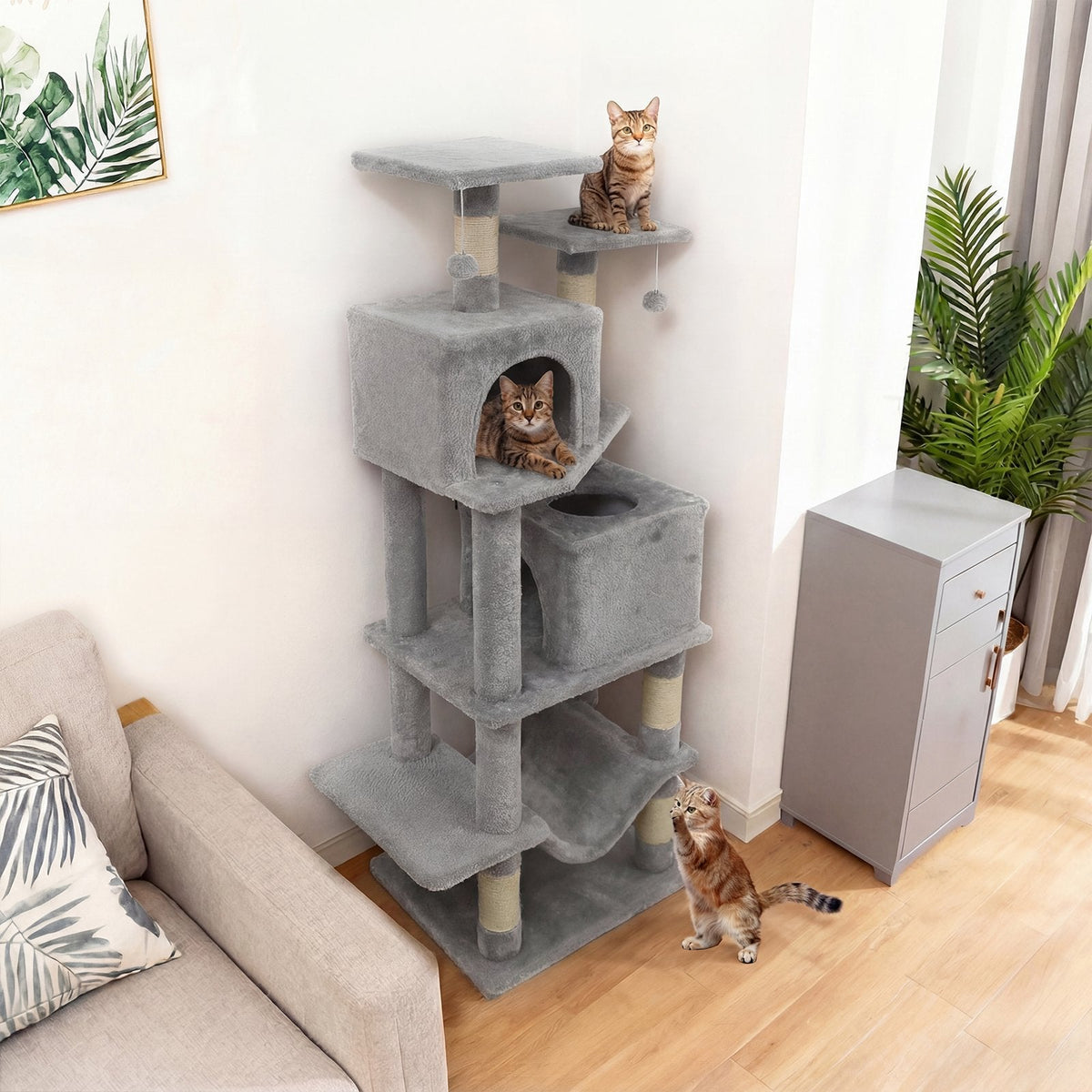 57 Inch Light Gray Cat Tree with Two Condos, Hammock and Wear Resistant Sisal Posts