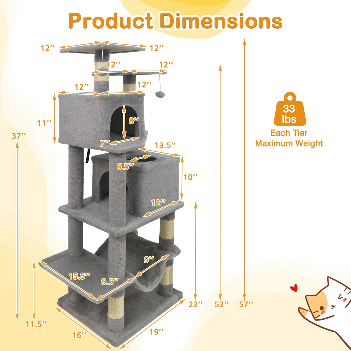 57 Inch Light Gray Cat Tree with Two Condos, Hammock and Wear Resistant Sisal Posts
