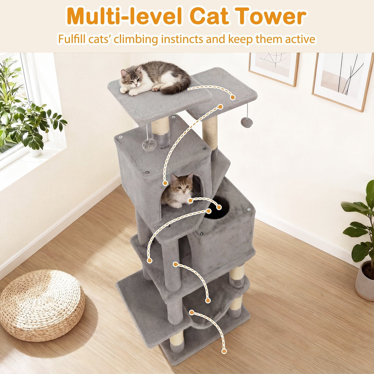 57 Inch Light Gray Cat Tree with Two Condos, Hammock and Wear Resistant Sisal Posts