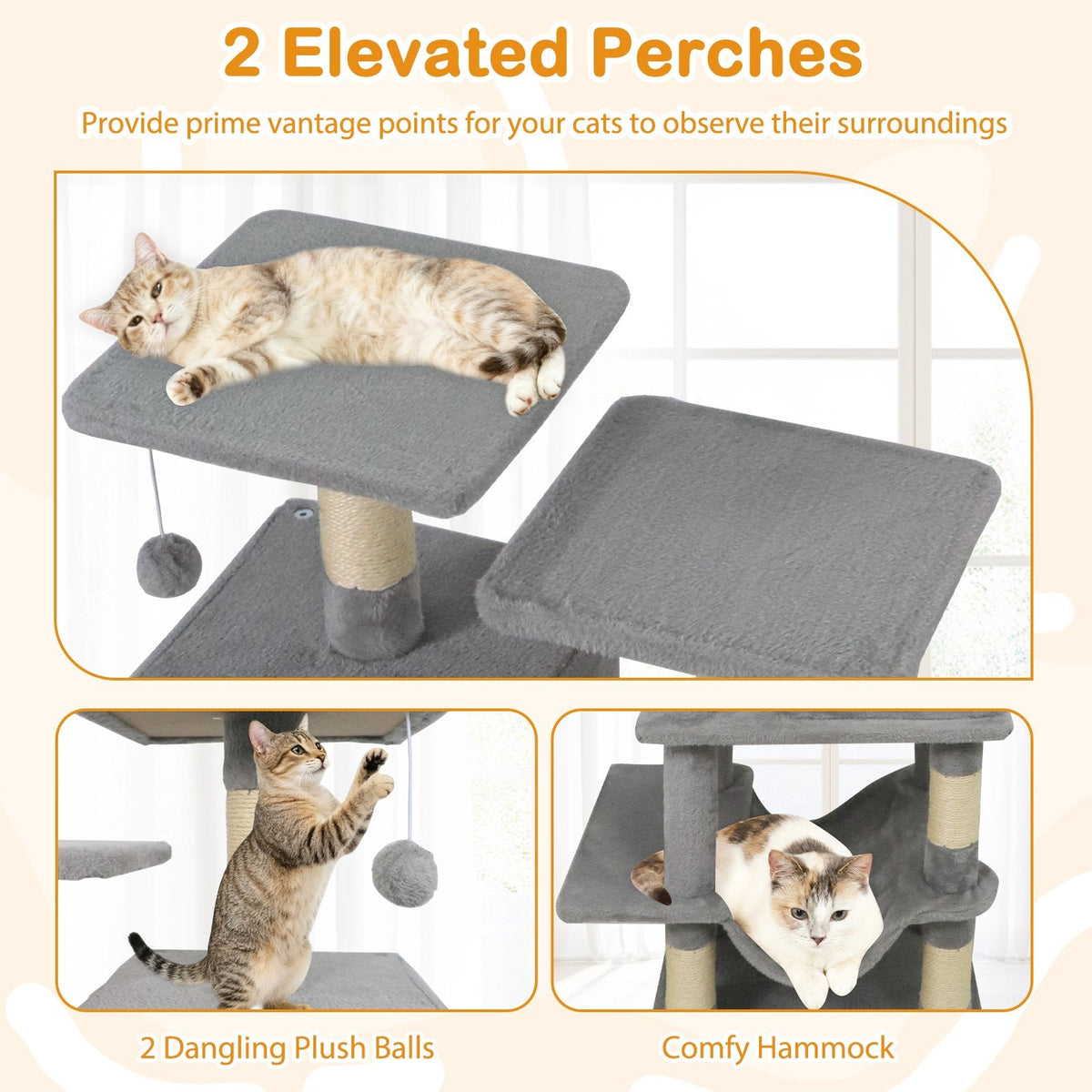 57 Inch Light Gray Cat Tree with Two Condos, Hammock and Wear Resistant Sisal Posts