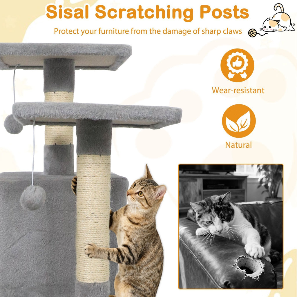 57 Inch Light Gray Cat Tree with Two Condos, Hammock and Wear Resistant Sisal Posts