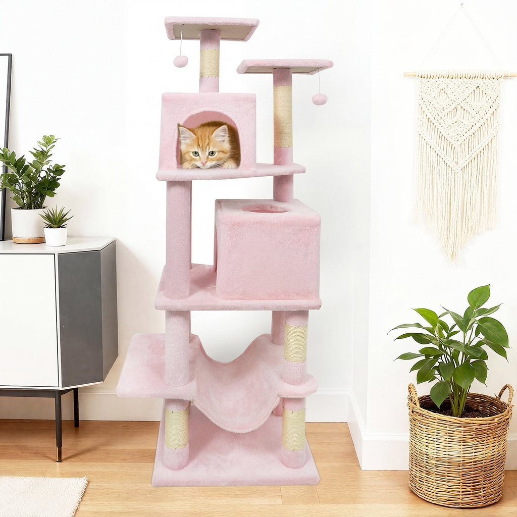 57 Inch Pink Cat Tree with Dual Condos, Hammock and Two Elevated Perches