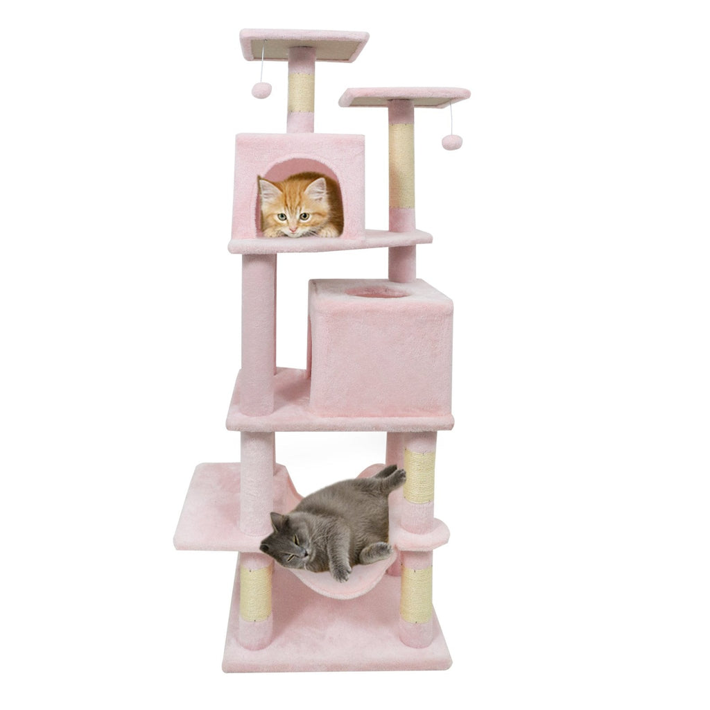 57 Inch Pink Cat Tree with Dual Condos, Hammock and Two Elevated Perches
