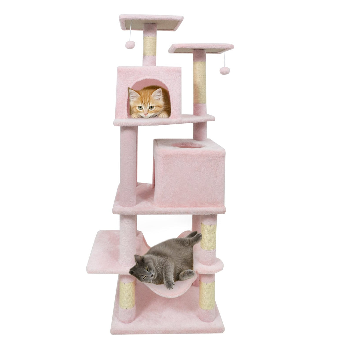 57 Inch Pink Cat Tree with Dual Condos, Hammock and Two Elevated Perches