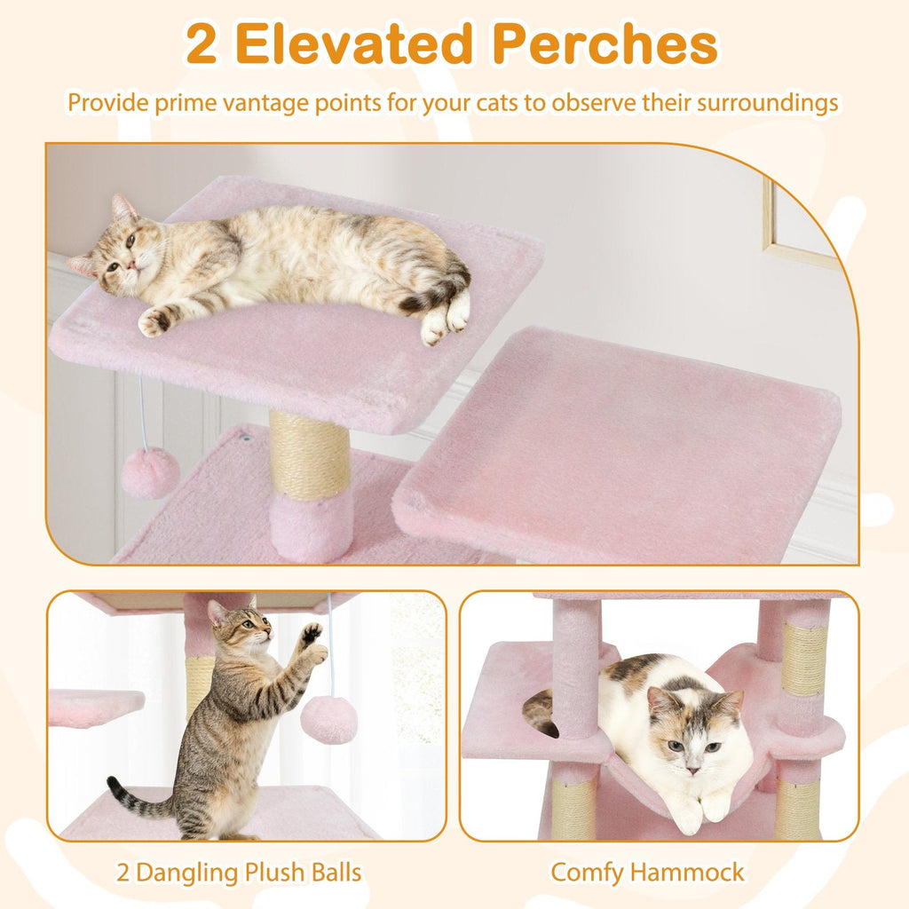 57 Inch Pink Cat Tree with Dual Condos, Hammock and Two Elevated Perches