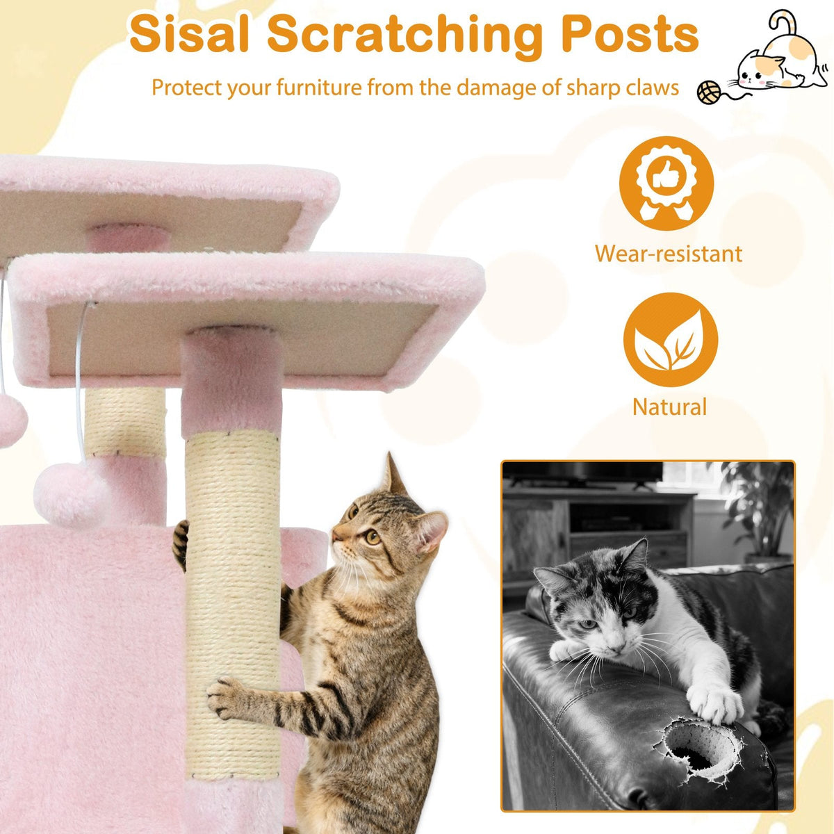 57 Inch Pink Cat Tree with Dual Condos, Hammock and Two Elevated Perches