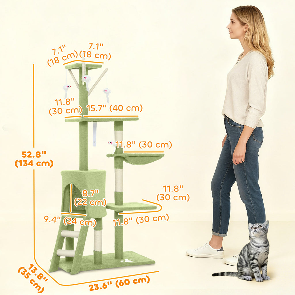 53" Cat Tree Tower, Kitten Activity Centre with Scratching Posts, Condo, Perches, Ladder, Hammock, Dangling Toys, Grey