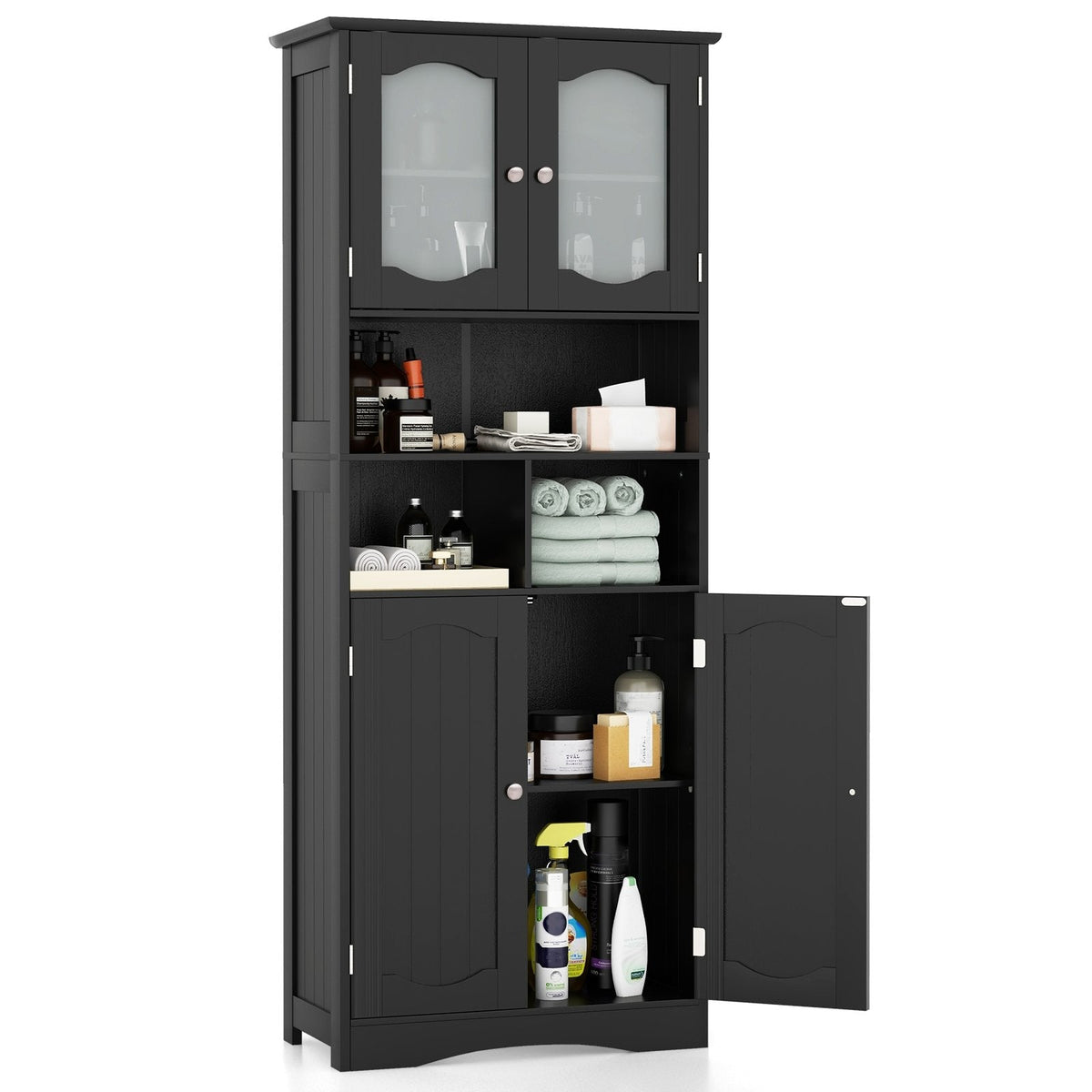 58.5 Inch Freestanding Linen Bathroom Storage Cabinet with Frost Glass Doors-Black