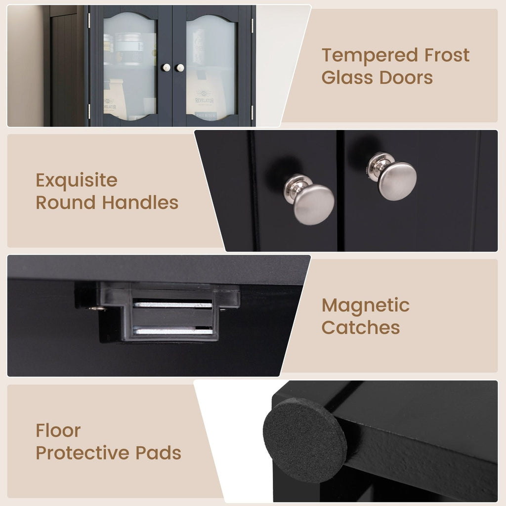 58.5 Inch Freestanding Linen Bathroom Storage Cabinet with Frost Glass Doors-Black