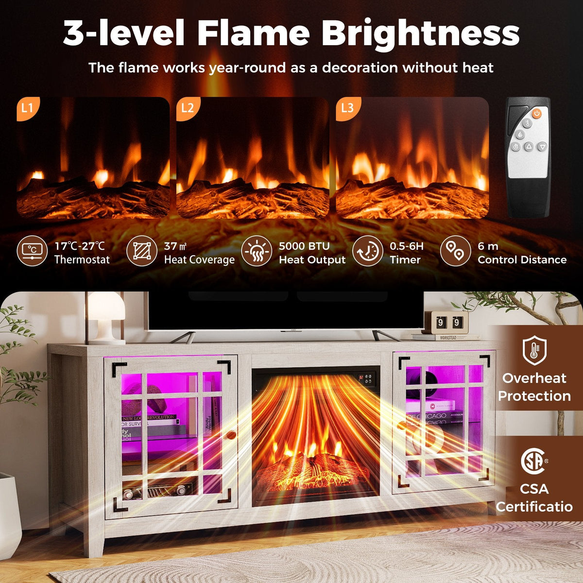 58 inches Fireplace TV Stand with LED Lights and 18 inches Electric Fireplace-Natural