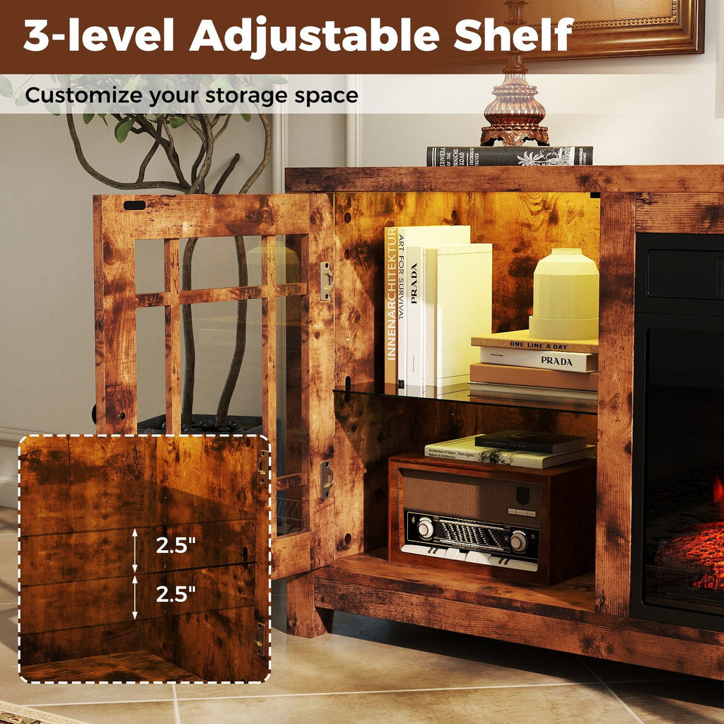 58 inches Fireplace TV Stand with LED Lights and 18 inches Electric Fireplace-Rustic Brown