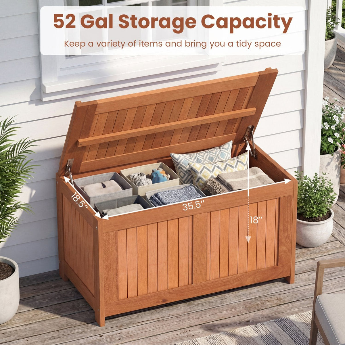 52 Gallon 3-in-1 Patio Wood Deck Box with Flip Top for Cushions