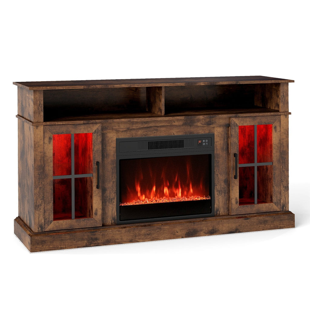 58 Inch Fireplace TV Stand with LED Lights with Storage Cabinets and Glass Doors-Rustic Brown