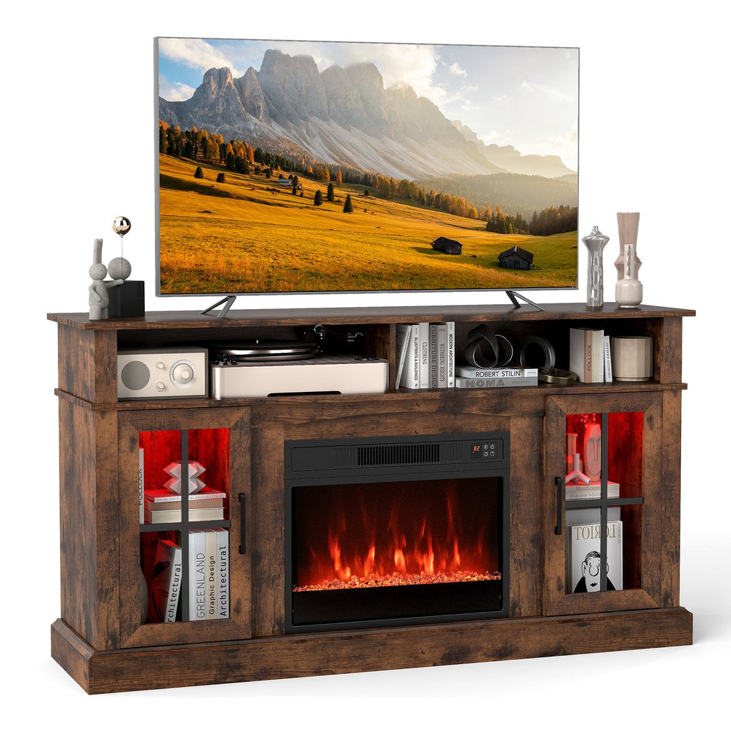 58 Inch Fireplace TV Stand with LED Lights with Storage Cabinets and Glass Doors-Rustic Brown
