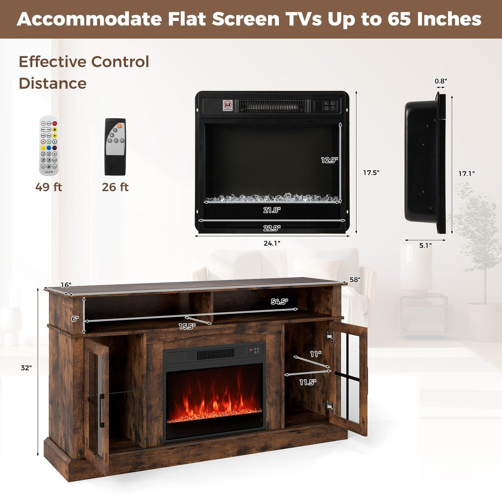 58 Inch Fireplace TV Stand with LED Lights with Storage Cabinets and Glass Doors-Rustic Brown