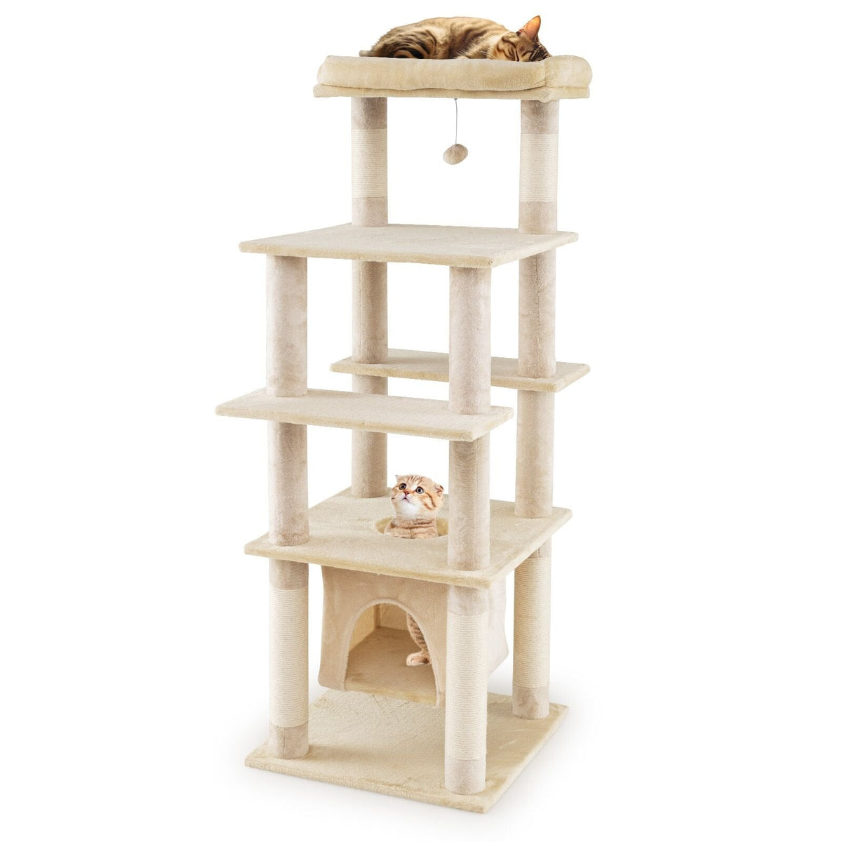 58 Inch Cat Tree with Swaying Aerial Condo, Padded Perch Bed and 6 Scratching Posts, Beige