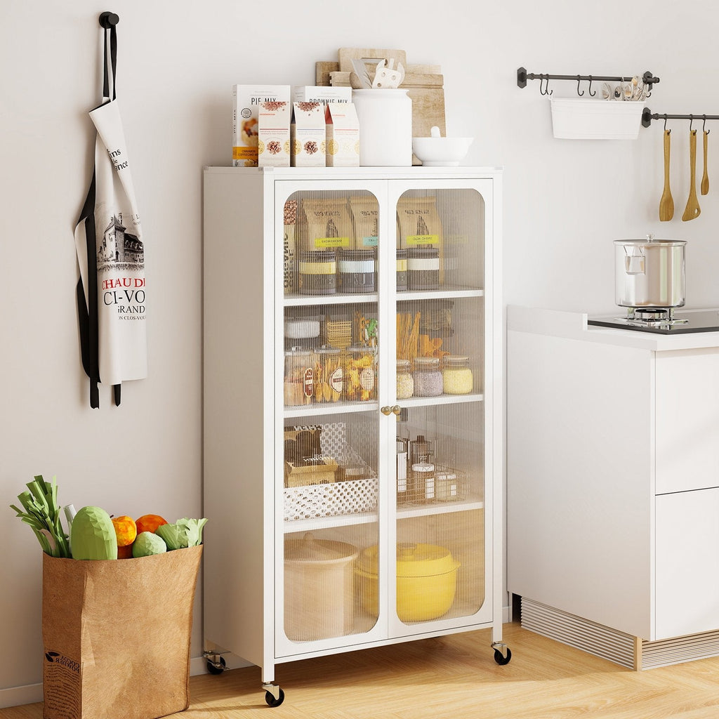 58 Inches Bookcase with Adjustable Shelves and Lockable Wheels-White