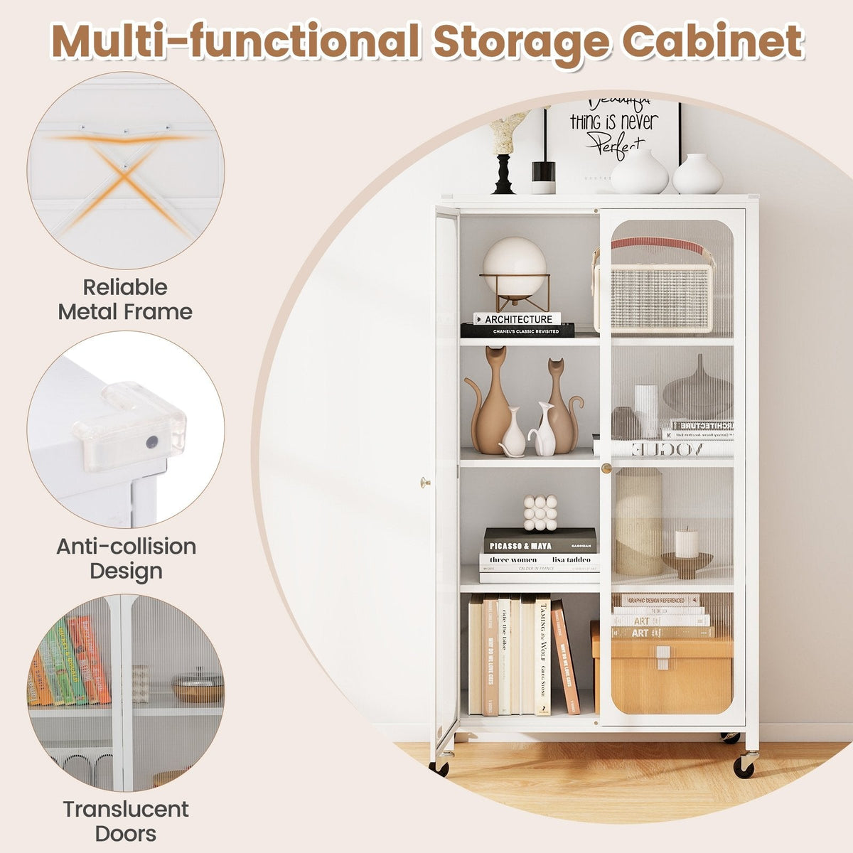 58 Inches Bookcase with Adjustable Shelves and Lockable Wheels-White