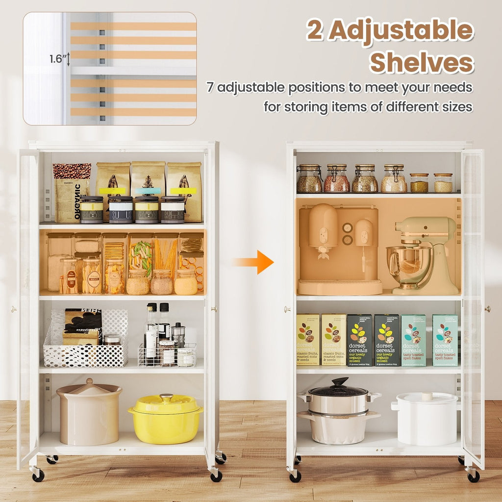58 Inches Bookcase with Adjustable Shelves and Lockable Wheels-White